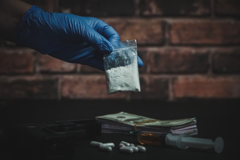 Policewoman holding drugs in hand